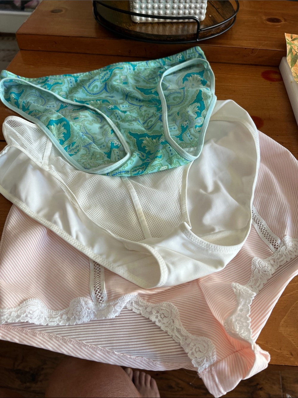 Natori Three-Pack Briefs in Aqua Paisley, White & Soft Pink